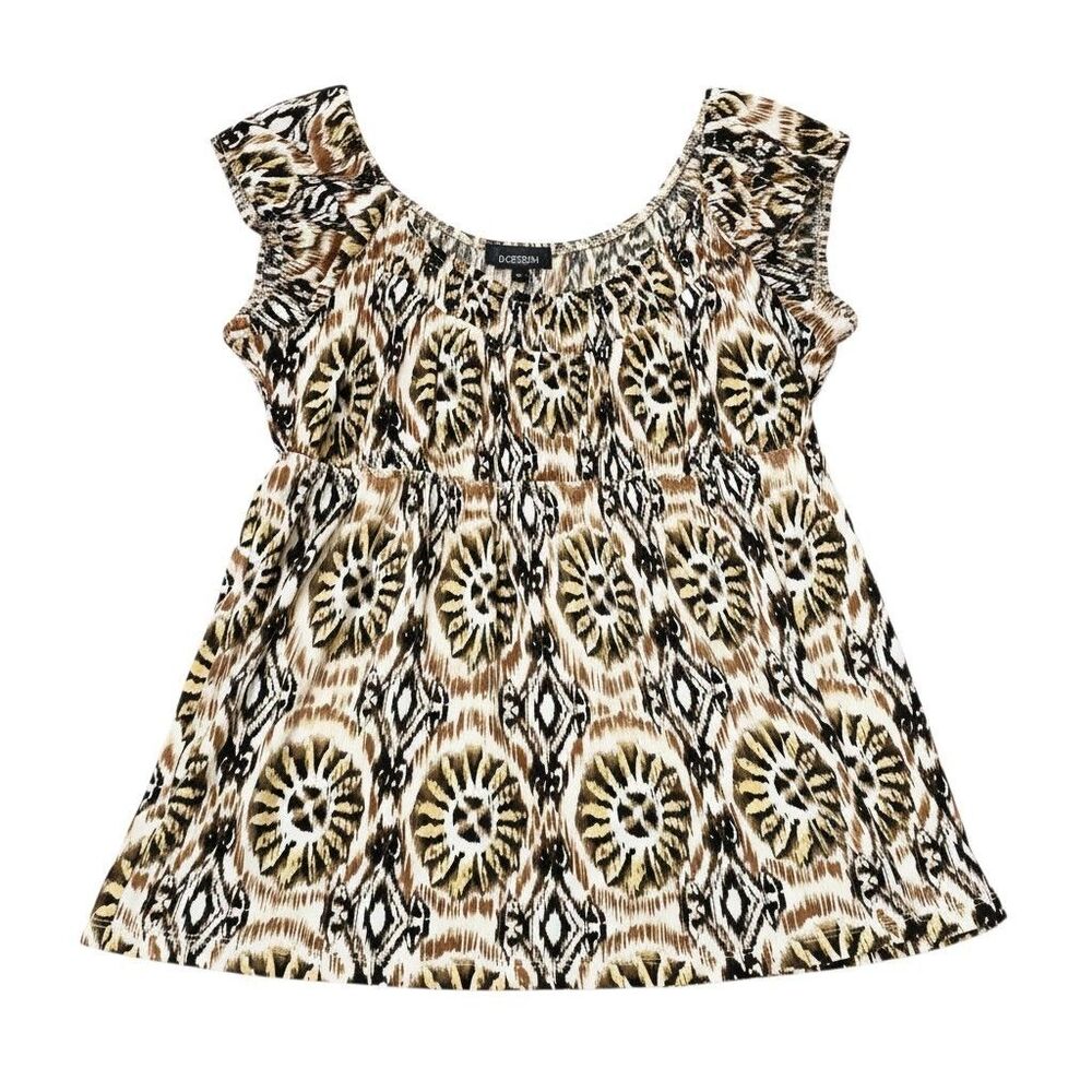 B-Design Y2K Geometric Medallion Top Cap Sleeve Boho Empire Waist Blouse Vintage